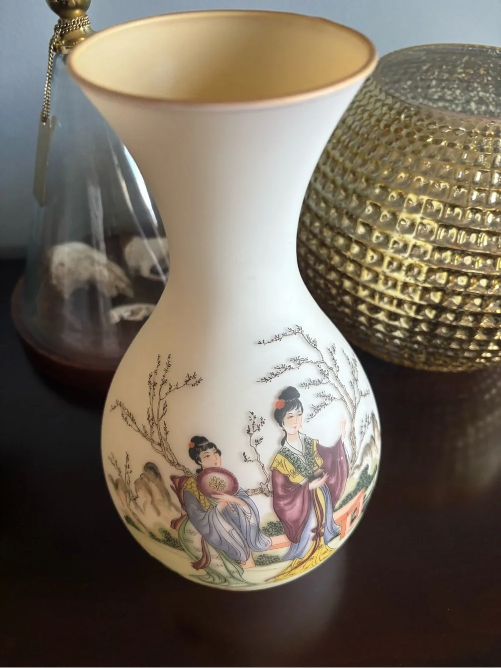 Vintage Norleans Satin Frosted Geisha Japanese Vase Glass Asian Art